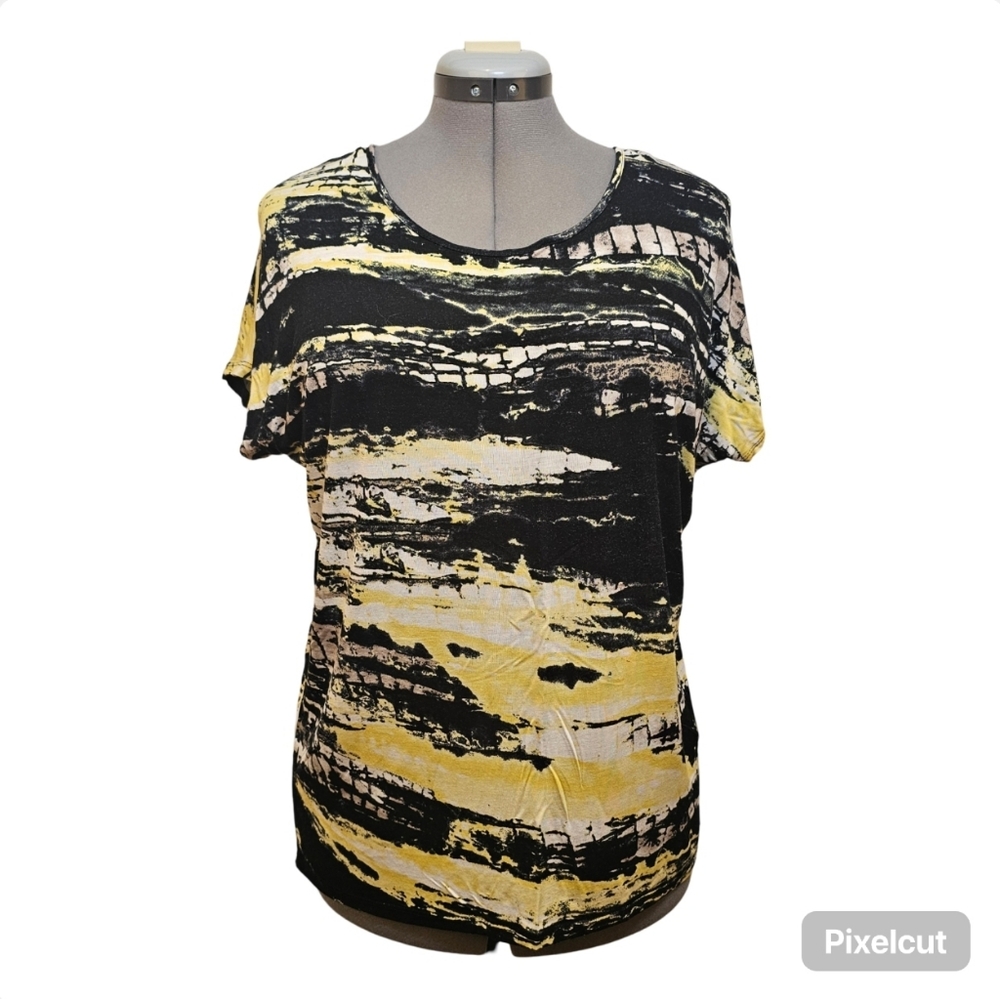 Kensie black yellow viscose knit drop shoulder round neck top women size L US